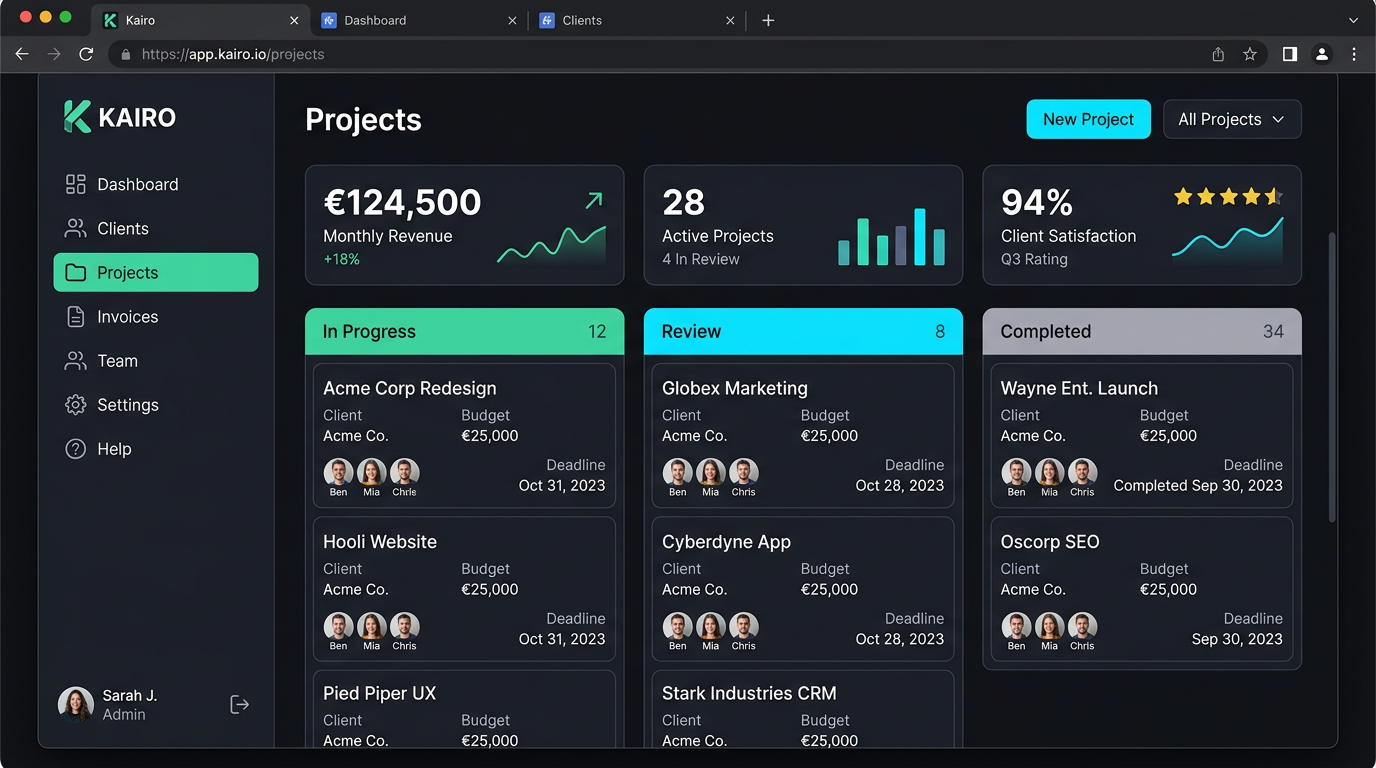 Design-Konzept einer CRM-Anwendung mit Projekt-Kanban und KPI-Dashboards