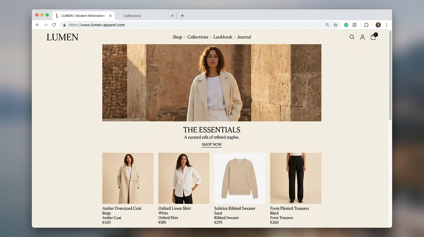 Design-Konzept eines Mode-Online-Shops mit editorialer Ästhetik und Produktgrid
