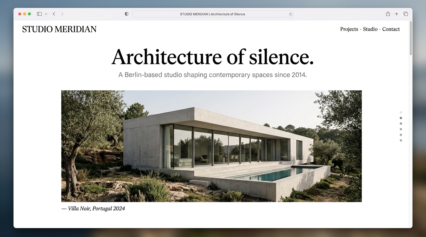 Design-Konzept einer Architekturseite mit minimalistischem Editorial-Layout
